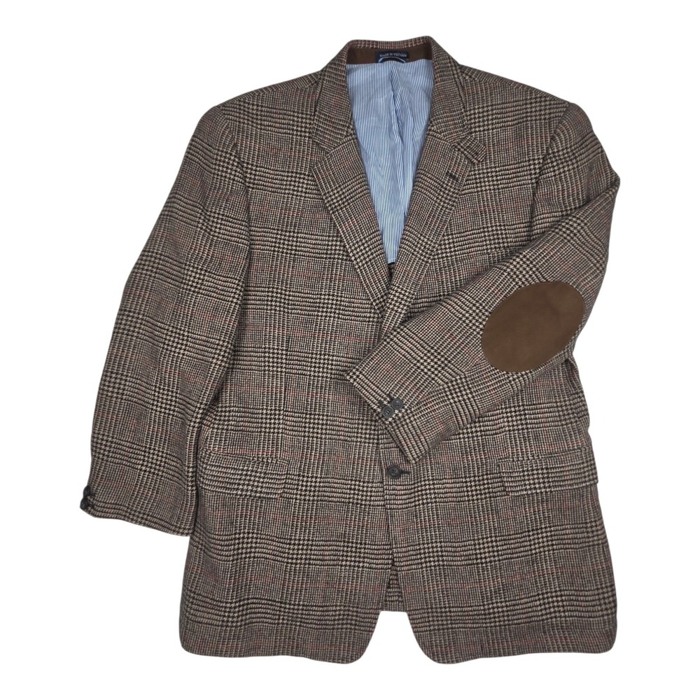 Tommy Hilfiger Blazer 48R Tweed Houndstooth Plaid Wool Elbow Patch Coat Jacket